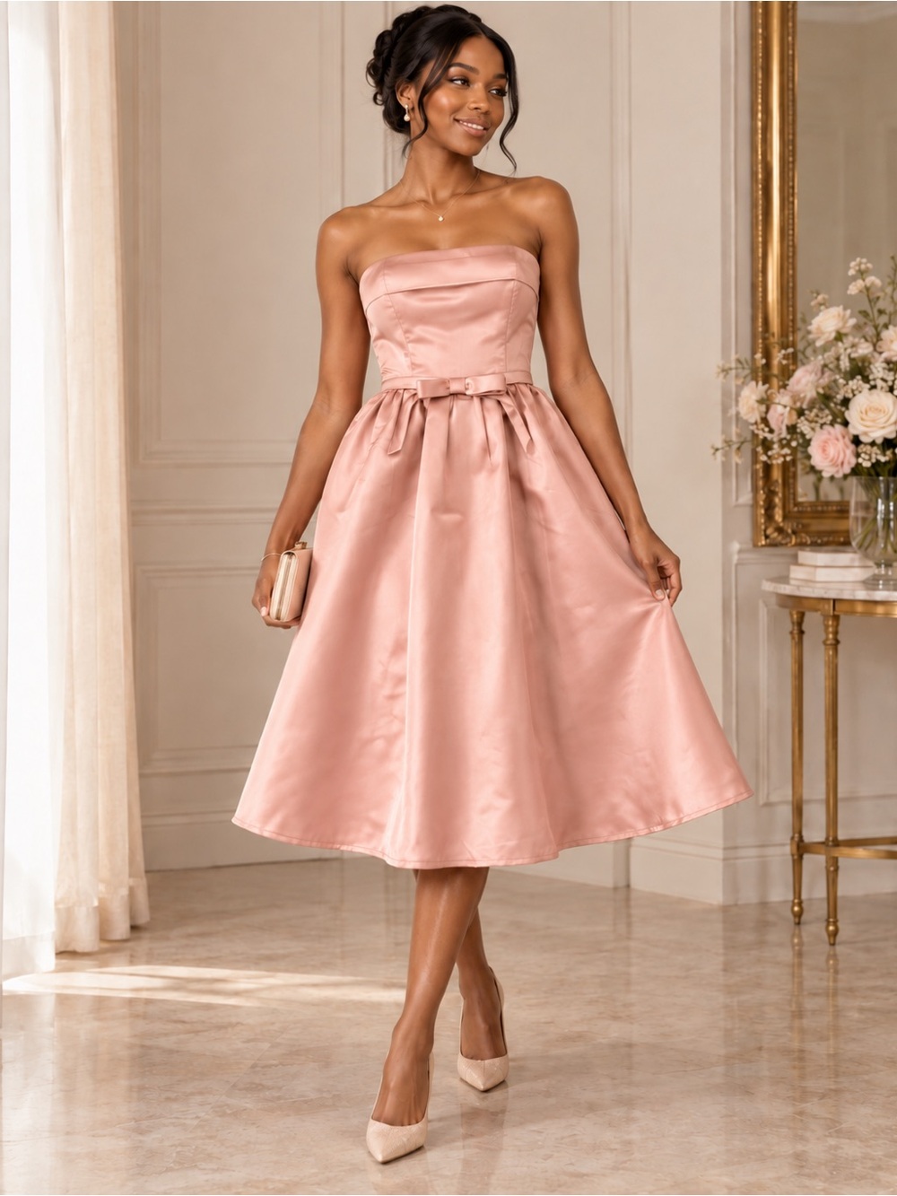 CIDER Blush Pink Satin Strapless Midi Dress NWT XS Off Shoulder Bow Waist
